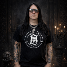 Load image into Gallery viewer, Lord Ahriman wearing official signature t-shirt from the Lord Ahriman Signature Collection, gothic black metal fashion in a dark atmospheric setting