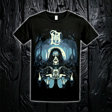 Cargar imagen en el visor de la galería, In the Sign of the Horns T-shirt – Dan Lerner artwork with flames and occult symbols